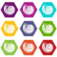 Round shell icons 9 set coloful isolated on white for web