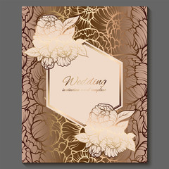 Antique royal luxury wedding invitation, gold on white background with frame and place for text, lacy foliage made of roses or peonies with shiny gradient