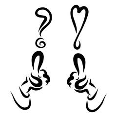 Question and exclamation marks, heart and hands