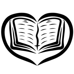 Open Bible in heart, black pattern, bookmark with a cross