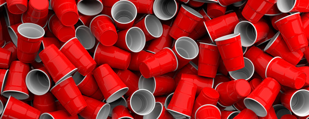 Plastic red color disposable cups pile background, texture, banner. 3d illustration