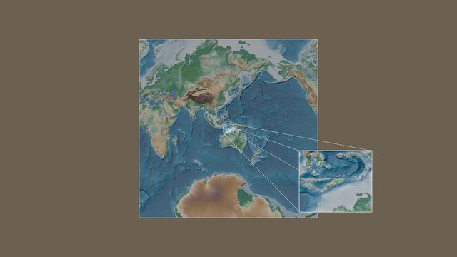 East Timor area framed and extracted from the global physical map in the van der Grinten I projection with animated oblique transformation
