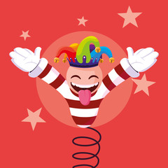 april fools day with crazy face and joker hat in spring