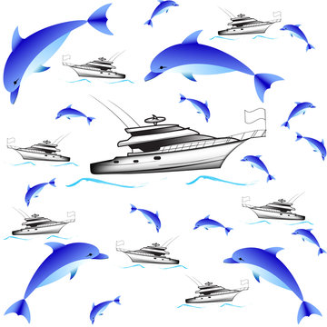 The pattern, without a background, for the design of websites, building walls. An image of dilphins and a sailboat in the sea, used for a pattern.