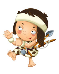 cartoon scene with happy caveman barbarian warrior fisherman with spear and axe on white background illustration for children