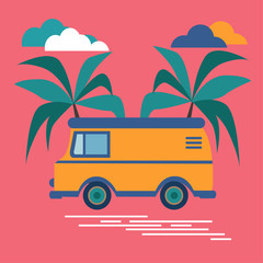 Yellow van rides on the road past the palm trees.