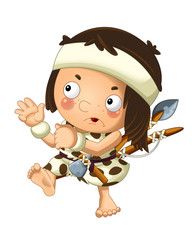 cartoon scene with happy caveman barbarian warrior fisherman with spear and axe on white background illustration for children