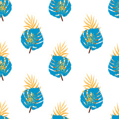 Fototapeta na wymiar Seamless pattern with tropical blue and golden leaves. Vector illustration.