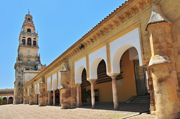 Cordoba Spain Alminar tower of La Mezquita The Great Mosque seen from within Patio de los Naranjos.