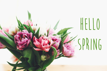 Hello spring text sign on beautiful double peony tulips bouquet in light. Springtime. Stylish floral greeting card. Hello march