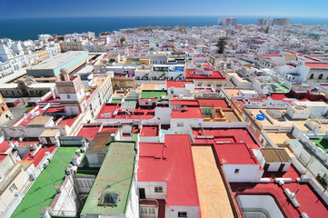View from Torre Tavira tower to colorful roofs of Cadiz, Costa de la Luz, Andalusia, Spain. © GISTEL