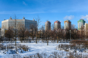 Moscow, Russia - February 17, 2019: Park in front of the General Staff Academy in Moscow in winter