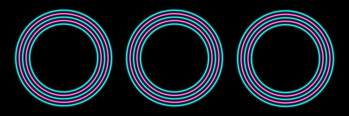 Pink and turquoise neon lights circles with lots of copy space for text or product display. Colorful 80s retro background.