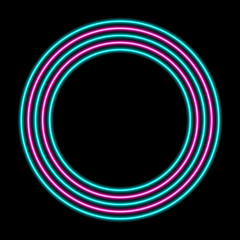 Pink and turquoise neon lights circle with lots of copy space for text or product display. Colorful 80s retro background.