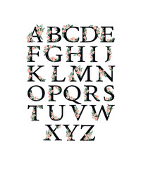 Watercolor alphabet with roses flowers and leaves. Romantic floral font. Font made with leaves, floral alphabet letters set, vector design. 