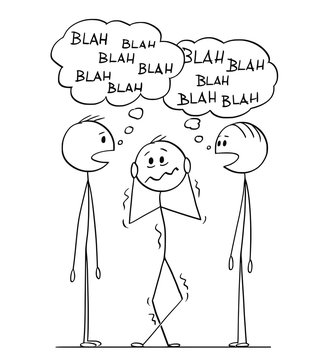 Cartoon stick figure drawing conceptual illustration of frustrated man hearing between two men in conversation with blah-blah or blah speech bubbles.