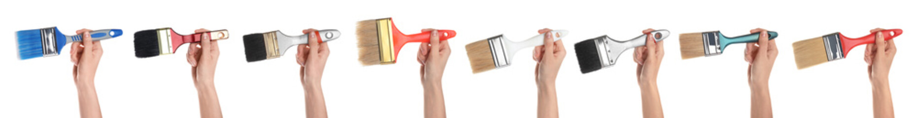 Set of women holding different clean paint brushes on white background, closeup