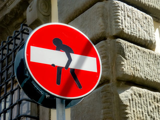 funny drive in prohibited warning sign, hard to carry man heavy weight