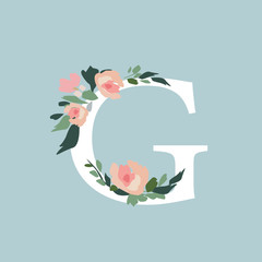 Fototapeta premium Floral Alphabet - letter G with flowers bouquet composition. Unique collection for wedding invites decoration and many other concept ideas.