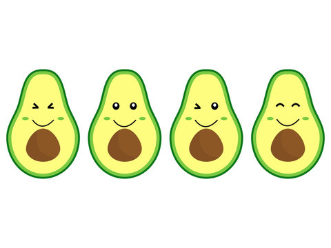 Funny happy cute avocado, vector cartoon isolated on the white background
