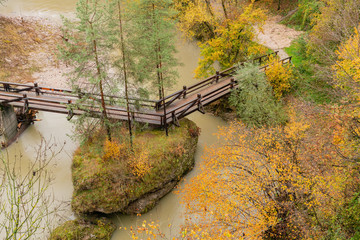 Fall color with the Kokra River, Kanjon Kokre bridge in a cloudy day