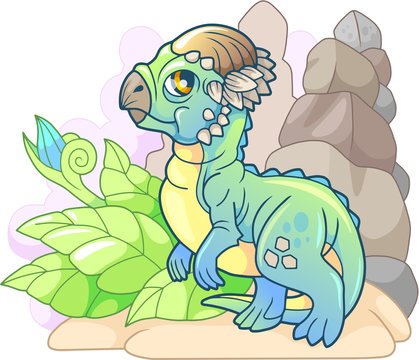 cute cartoon little dinosaur Pachycephalosaurus, prehistoric animal, funny illustration