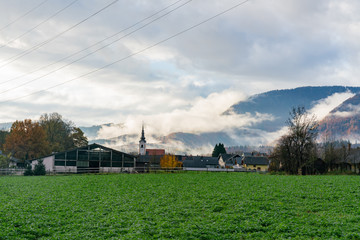Morning view of beautiful rural landcape with church