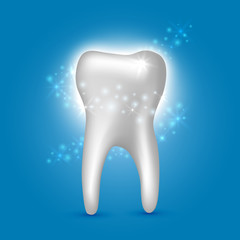 Beautiful realistic shiny white tooth cleansing dentist vector on blue background.