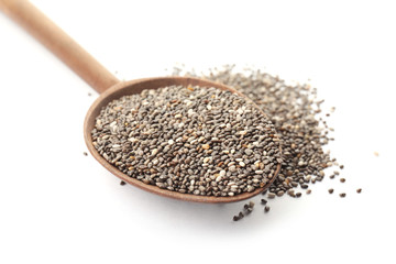 Spoon and chia seeds isolated on white