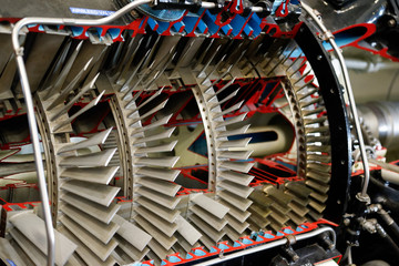 A cutaway model of a jet engine showing the turbine blades