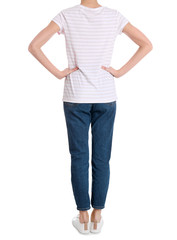 Obraz premium Young slim woman on white background, closeup. Weight loss