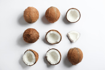 Fototapeta na wymiar Coconut pattern on white background, top view