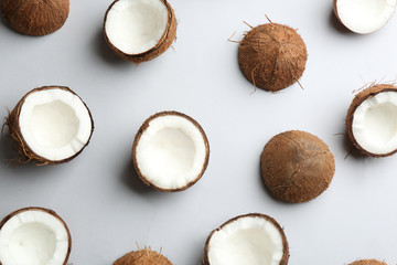 Fototapeta na wymiar Coconut pattern on white background, top view