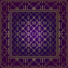 Decorative Pattern With Geometric Ornament. For Print Bandanna, Tablecloth, Fabric Print, Fashion. Vector Illustration. Purple gold color