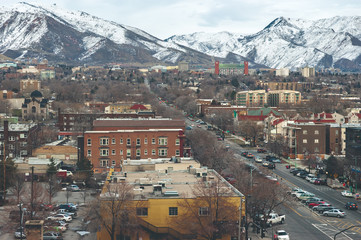 Elevated, wide-angle view of downtown Salt Lake City looking East.
