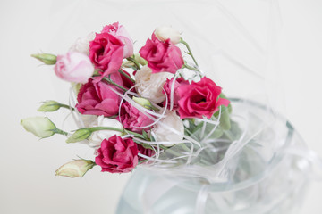 Bouquet of red Eustoma flowers in vase on white background