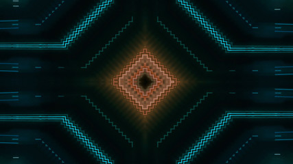 Top-down view of abstract geometric circuit design with bright blue neon paths converging at center, evoking sense of advanced connectivity and digital precision.