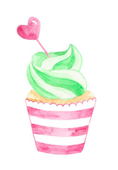 Watercolor cupcake isolated on white background.