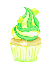 Watercolor cupcake isolated on white background.