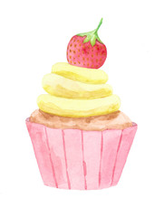 Watercolor cupcake isolated on white background.