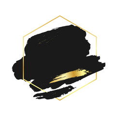 Abstract black brush background with hexagon geometric frame golden color