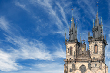 spires of Tyn church with a blue sky background