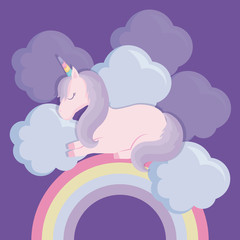 cute unicorn with rainbow and clouds