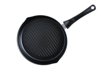 Black frying pan grill. View from above. White isolate