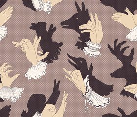 Shadow hand puppets, Victorian era, seamless pattern, vector, light background