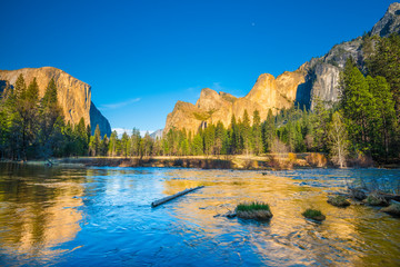 Merced River at Sunset with Moon