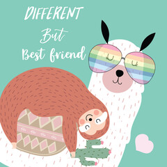 Green hand drawn cute card with llama,glasses,sloth,cactus and heart.Different but best friend © piixypeach