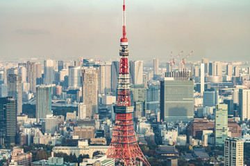 Naklejka premium Tokyo Tower, Japan - communication and observation tower. It was the tallest artificial structure in Japan until 2010 when the new Tokyo Skytree became the tallest building of Japan.