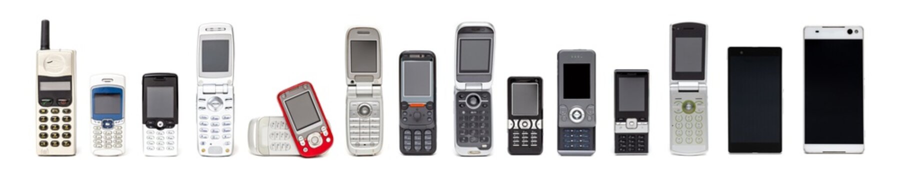 Old mobile phones from past to present on white background.