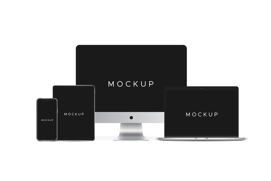 mockup set have computer pc computer notebook smartphone teblet isolated on white background